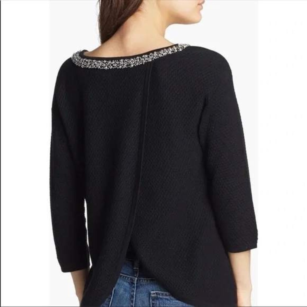 Hinge Black Embellished Neck Textured Knit 3/4 Sleeve Pullover Sweater‎ Top
